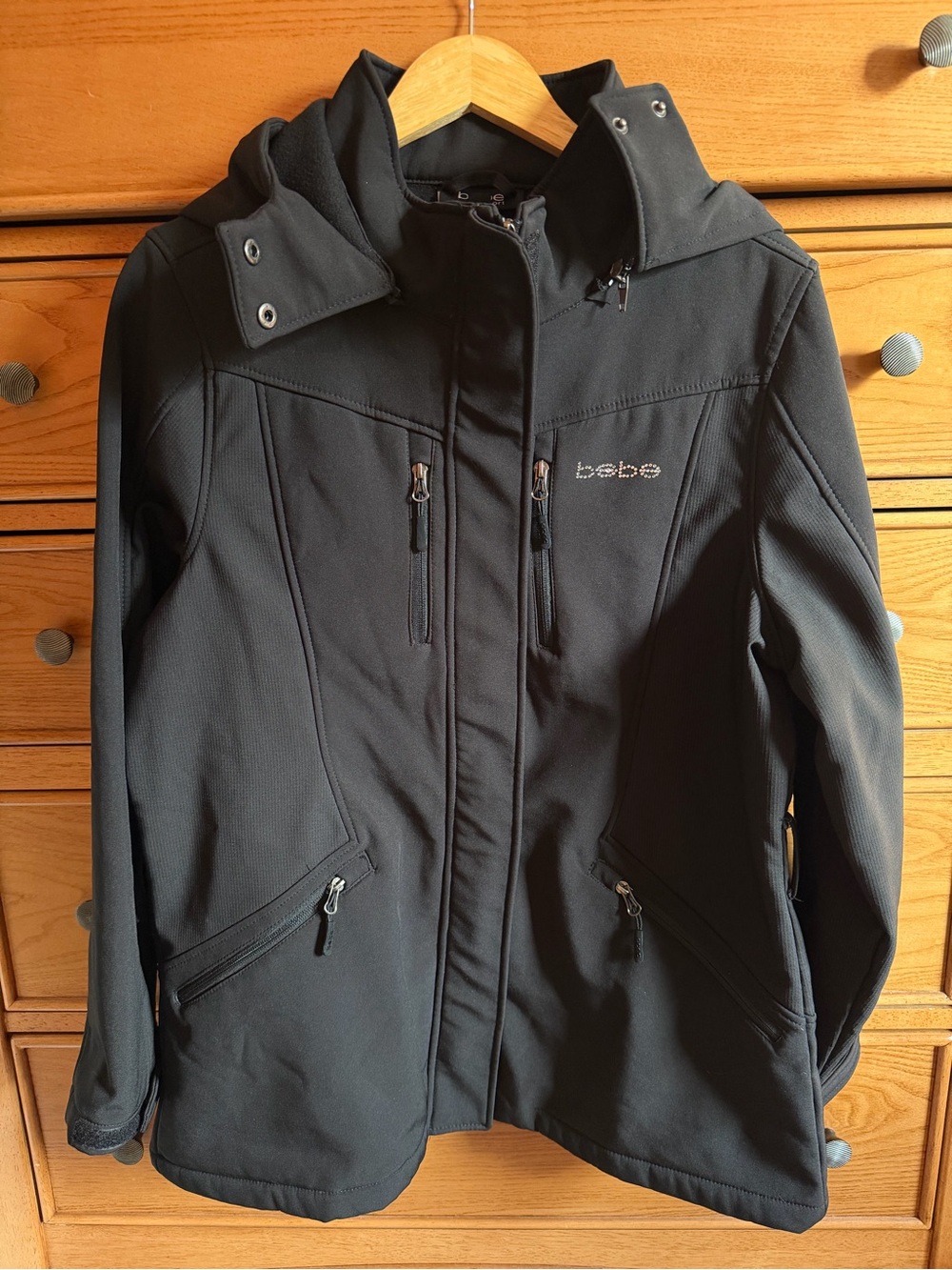 Bebe Sport Double Zip Mid-Length Coat Removable Hood & Lining Black Womens Large